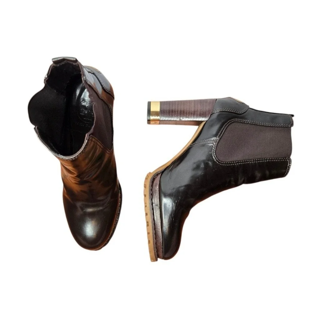 Tory Burch Virginia Leather Chelsea Lug Sole Block Heel Ankle Boots 8M Brown